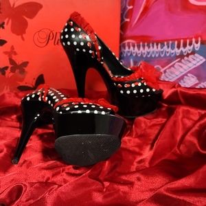 Pleaser black and white polka dot stilettos size 6